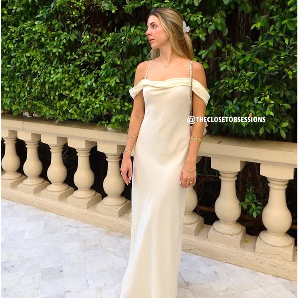 ZARA Draped Neckline Linen Blend Maxi Dress NWT Off Shoulder Ivory Size S - Picture 8 of 16